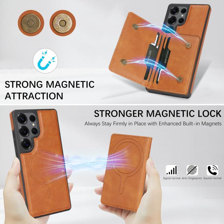 For Samsung Galaxy S25 Ultra Kalebol Strong Magnetic MagSafe 2-Fold Ring Magnetic Card Case Leather Side Sticker Phone Case