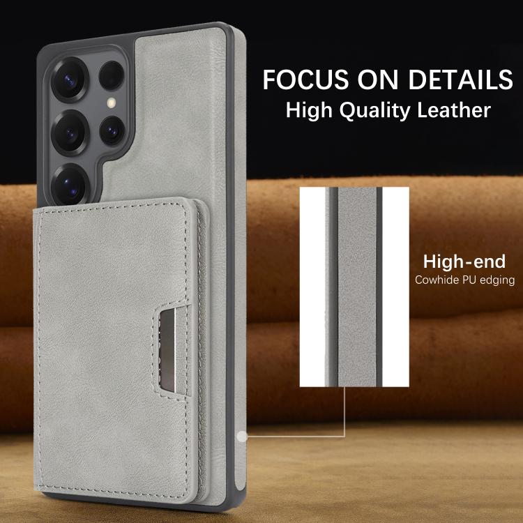 For Samsung Galaxy S25 Ultra Kalebol Strong Magnetic MagSafe 2-Fold Ring Magnetic Card Case Leather Side Sticker Phone Case