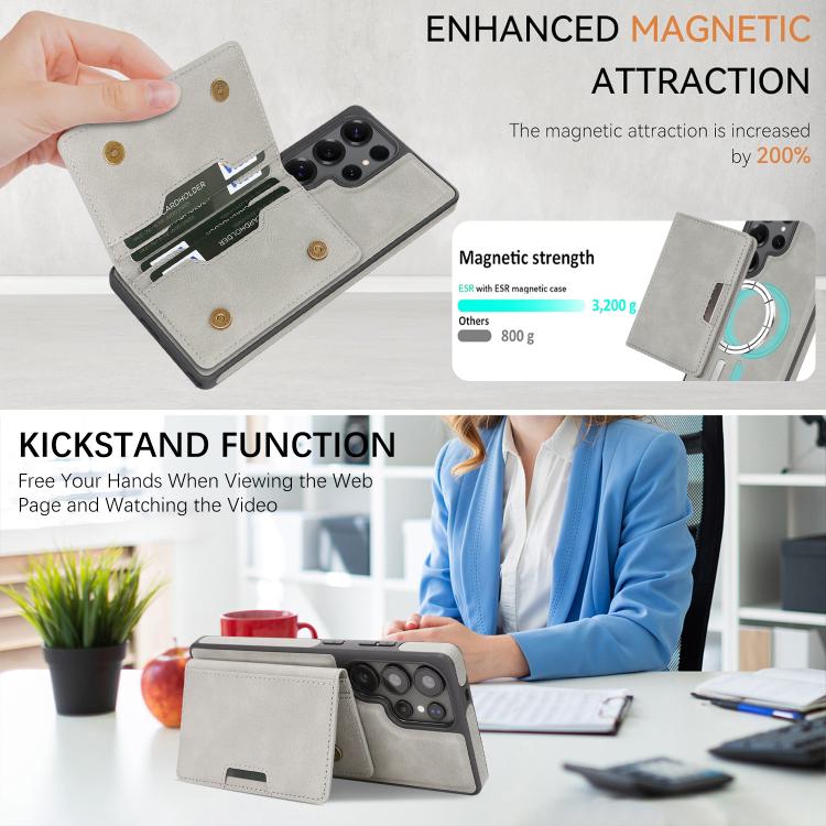 For Samsung Galaxy S25 Ultra Kalebol Strong Magnetic MagSafe 2-Fold Ring Magnetic Card Case Leather Side Sticker Phone Case