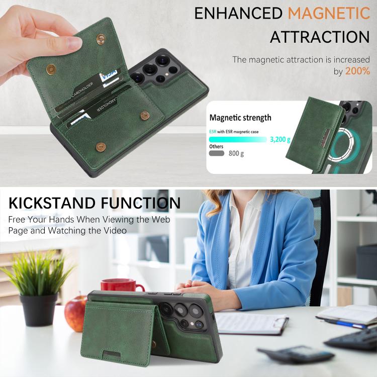 For Samsung Galaxy S25 Ultra Kalebol Strong Magnetic MagSafe 2-Fold Ring Magnetic Card Case Leather Side Sticker Phone Case