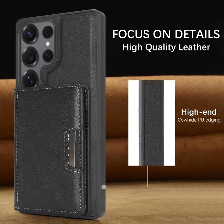 For Samsung Galaxy S24 Ultra Kalebol Strong Magnetic MagSafe 2-Fold Ring Magnetic Card Case Leather Side Sticker Phone Case
