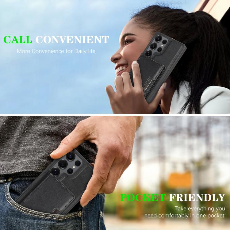 For Samsung Galaxy S24 Ultra Kalebol Strong Magnetic MagSafe 2-Fold Ring Magnetic Card Case Leather Side Sticker Phone Case