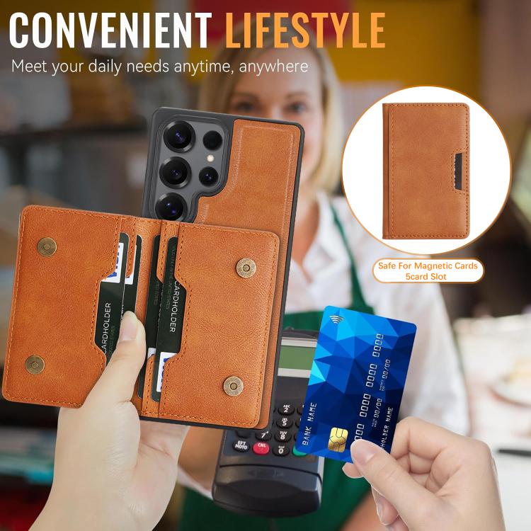 For Samsung Galaxy S24 Ultra Kalebol Strong Magnetic MagSafe 2-Fold Ring Magnetic Card Case Leather Side Sticker Phone Case