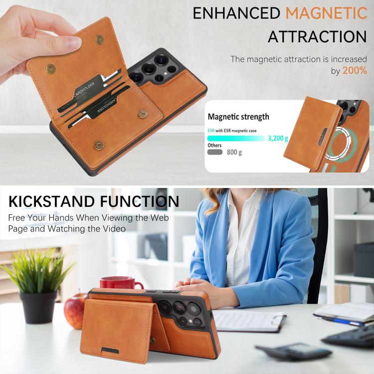For Samsung Galaxy S24 Ultra Kalebol Strong Magnetic MagSafe 2-Fold Ring Magnetic Card Case Leather Side Sticker Phone Case