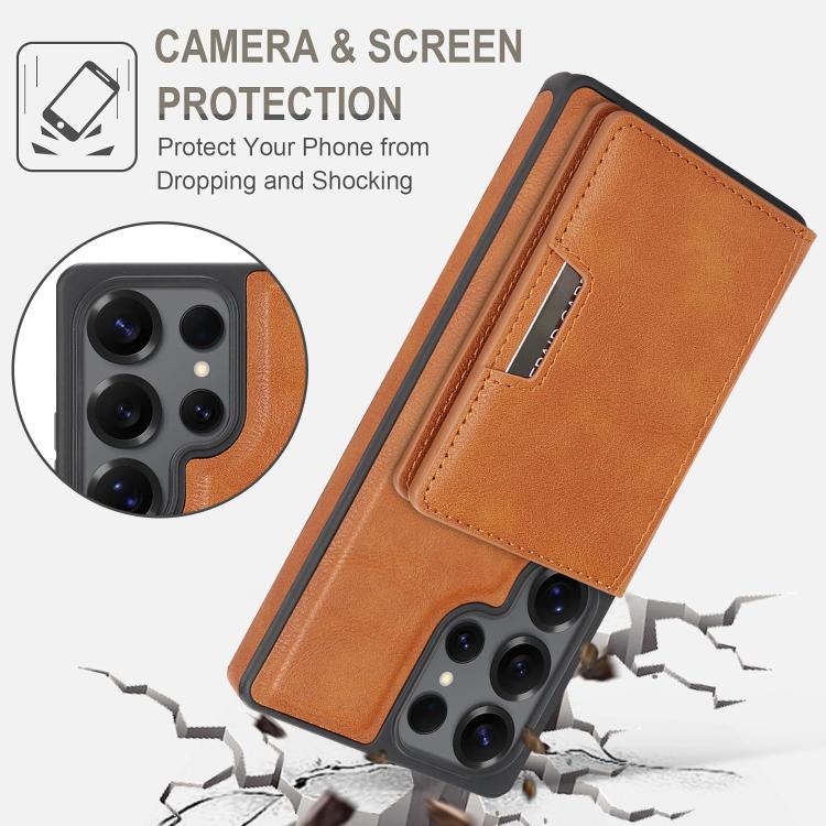 For Samsung Galaxy S24 Ultra Kalebol Strong Magnetic MagSafe 2-Fold Ring Magnetic Card Case Leather Side Sticker Phone Case