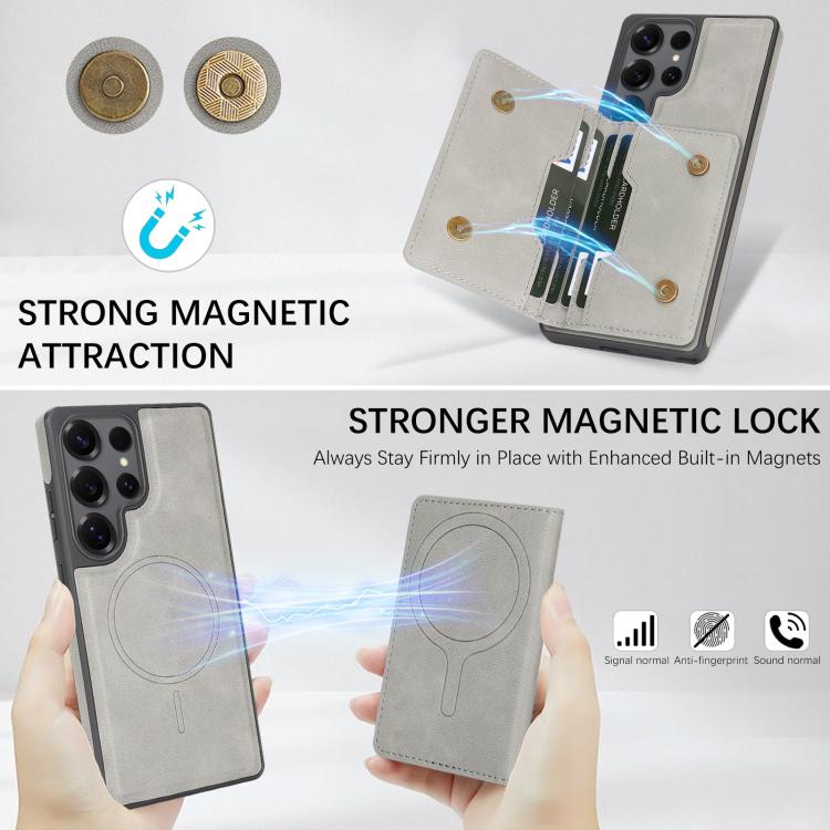 For Samsung Galaxy S24 Ultra Kalebol Strong Magnetic MagSafe 2-Fold Ring Magnetic Card Case Leather Side Sticker Phone Case