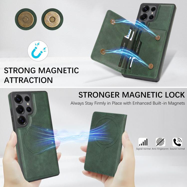 For Samsung Galaxy S24 Ultra Kalebol Strong Magnetic MagSafe 2-Fold Ring Magnetic Card Case Leather Side Sticker Phone Case