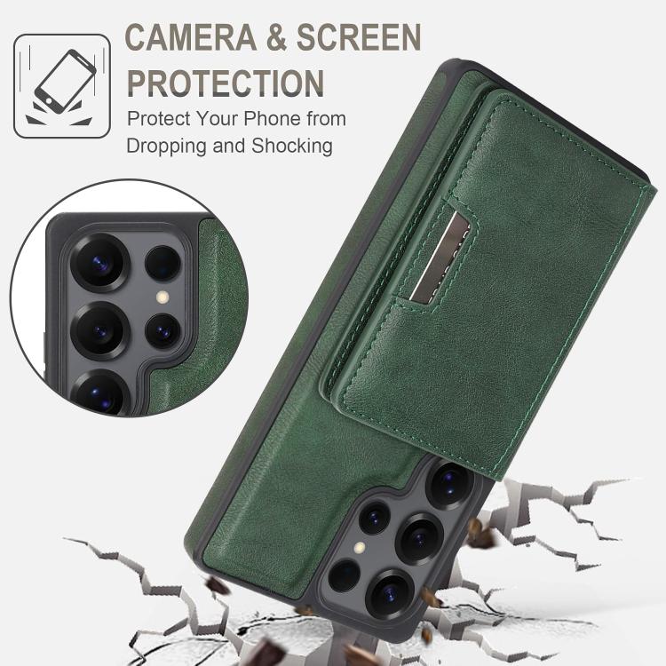 For Samsung Galaxy S24 Ultra Kalebol Strong Magnetic MagSafe 2-Fold Ring Magnetic Card Case Leather Side Sticker Phone Case