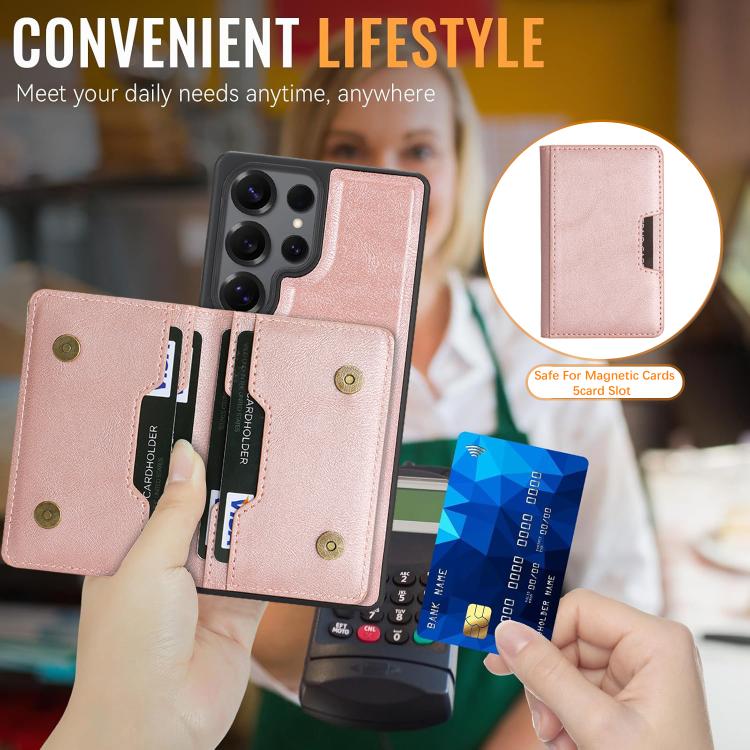 For Samsung Galaxy S24 Ultra Kalebol Strong Magnetic MagSafe 2-Fold Ring Magnetic Card Case Leather Side Sticker Phone Case