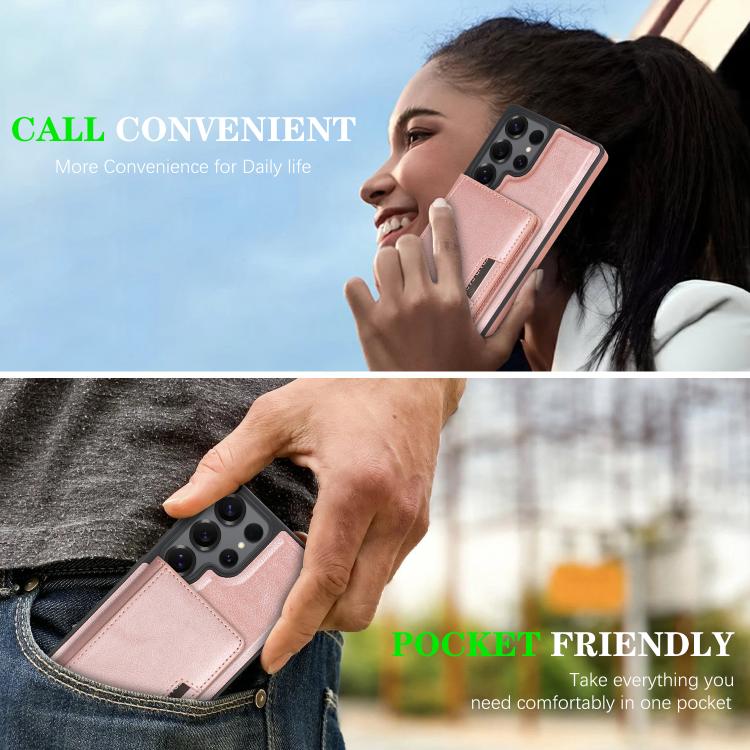 For Samsung Galaxy S24 Ultra Kalebol Strong Magnetic MagSafe 2-Fold Ring Magnetic Card Case Leather Side Sticker Phone Case