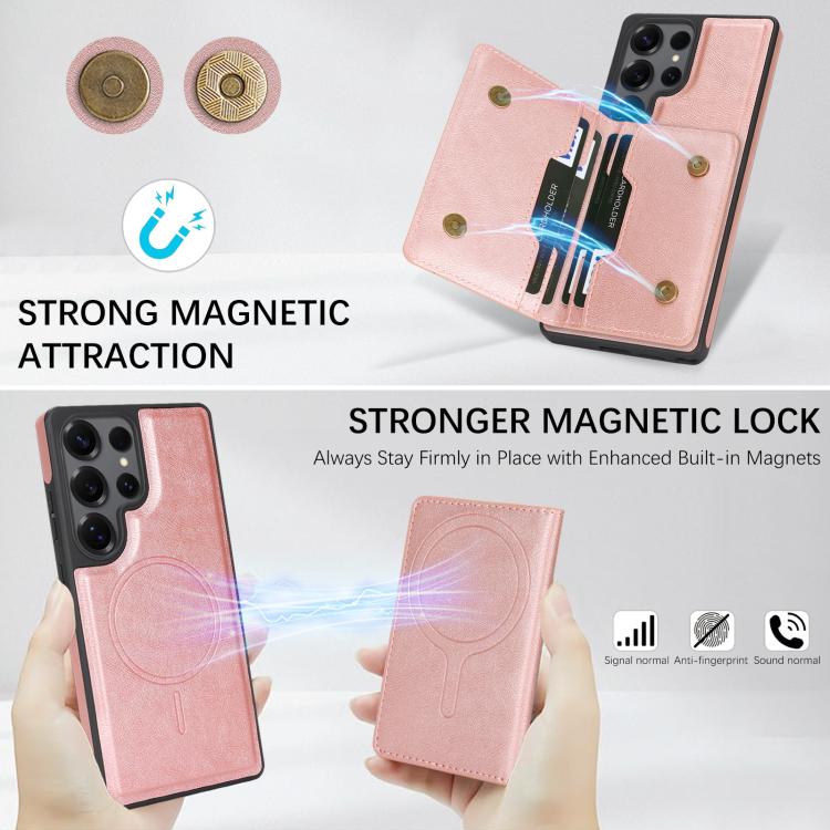 For Samsung Galaxy S24 Ultra Kalebol Strong Magnetic MagSafe 2-Fold Ring Magnetic Card Case Leather Side Sticker Phone Case