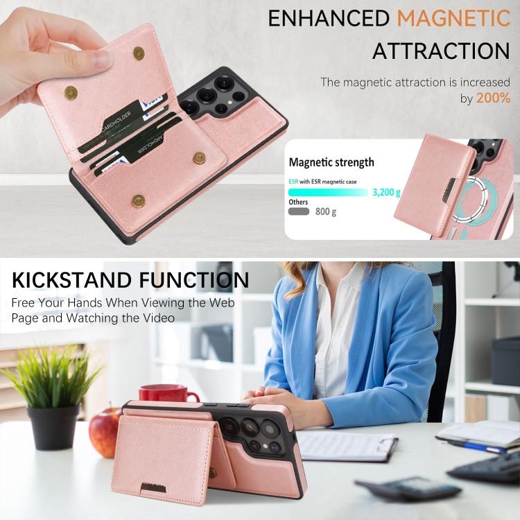 For Samsung Galaxy S24 Ultra Kalebol Strong Magnetic MagSafe 2-Fold Ring Magnetic Card Case Leather Side Sticker Phone Case