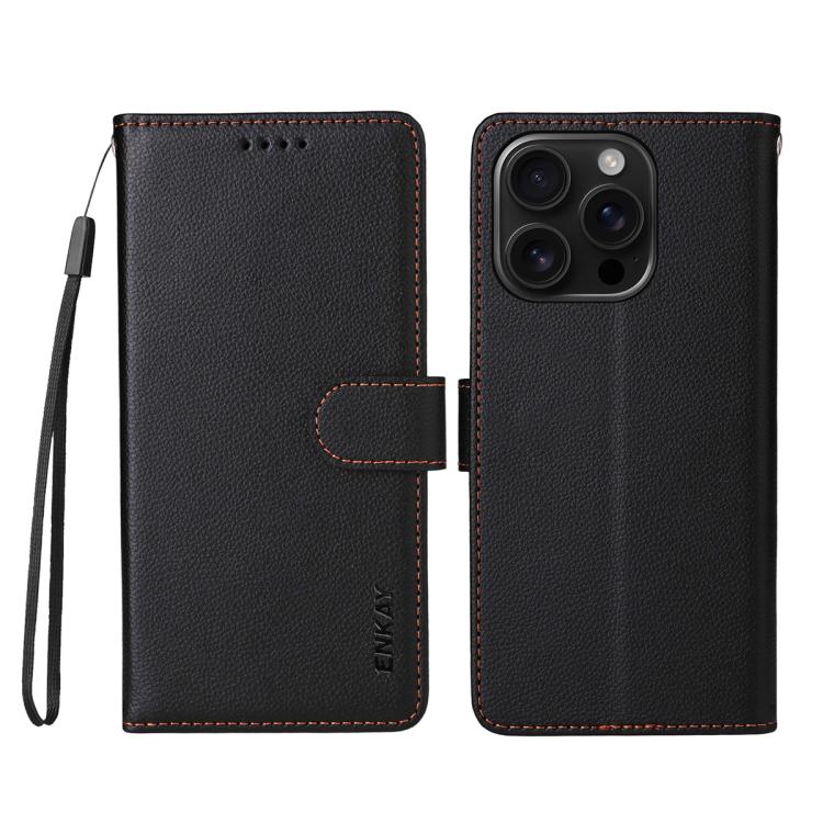 For iPhone 16 Pro ENKAY RFID Blocking Wallet Kickstand Litchi Texture Leather Phone Case