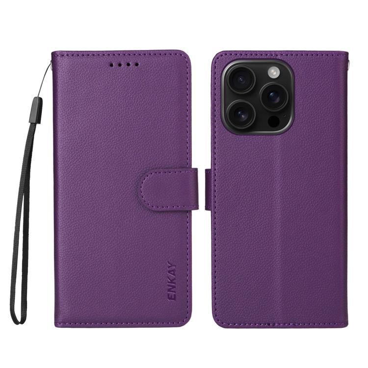 For iPhone 16 Pro ENKAY RFID Blocking Wallet Kickstand Litchi Texture Leather Phone Case