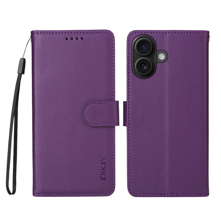 For iPhone 16 Plus ENKAY RFID Blocking Wallet Kickstand Litchi Texture Leather Phone Case