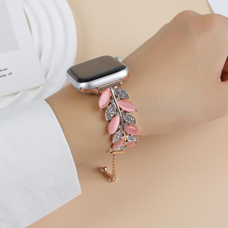 For Apple Watch 46mm / 49mm / 45mm / 44mm Leaf Shaped Diamond Studded Bracelet Alloy Watch Band