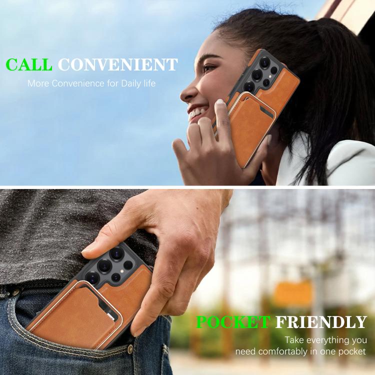 For Samsung Galaxy S24 Ultra 5G Kalebol Slim MagSafe Ring Magnetic Card Bag Side Sticker Leather Phone Case