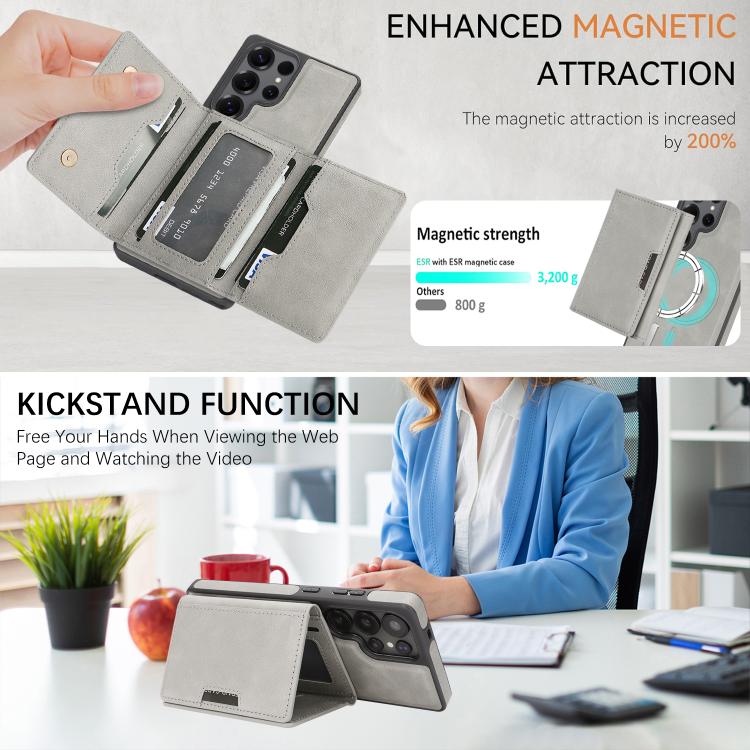 For Samsung Galaxy S25 Ultra 5G Kalebol Strong Magnetic MagSafe Tri-Fold Wallet Side Sticker Leather Phone Case