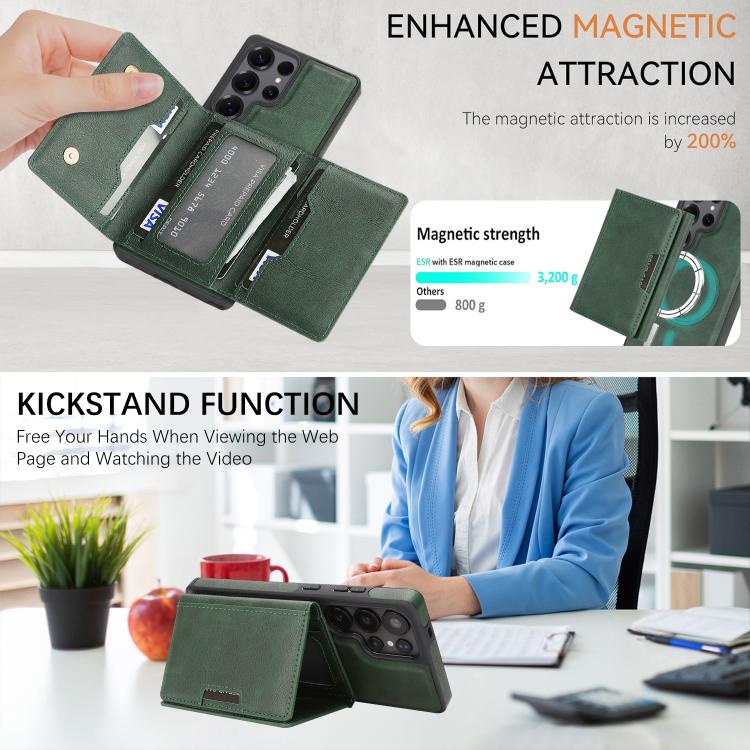 For Samsung Galaxy S25 Ultra 5G Kalebol Strong Magnetic MagSafe Tri-Fold Wallet Side Sticker Leather Phone Case