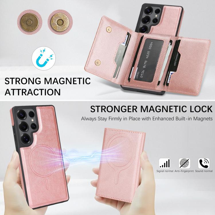 For Samsung Galaxy S25 Ultra 5G Kalebol Strong Magnetic MagSafe Tri-Fold Wallet Side Sticker Leather Phone Case