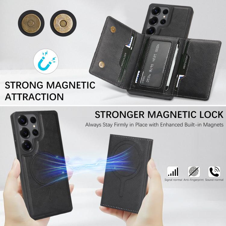 For Samsung Galaxy S24 Ultra 5G Kalebol Strong Magnetic MagSafe Tri-Fold Wallet Side Sticker Leather Phone Case