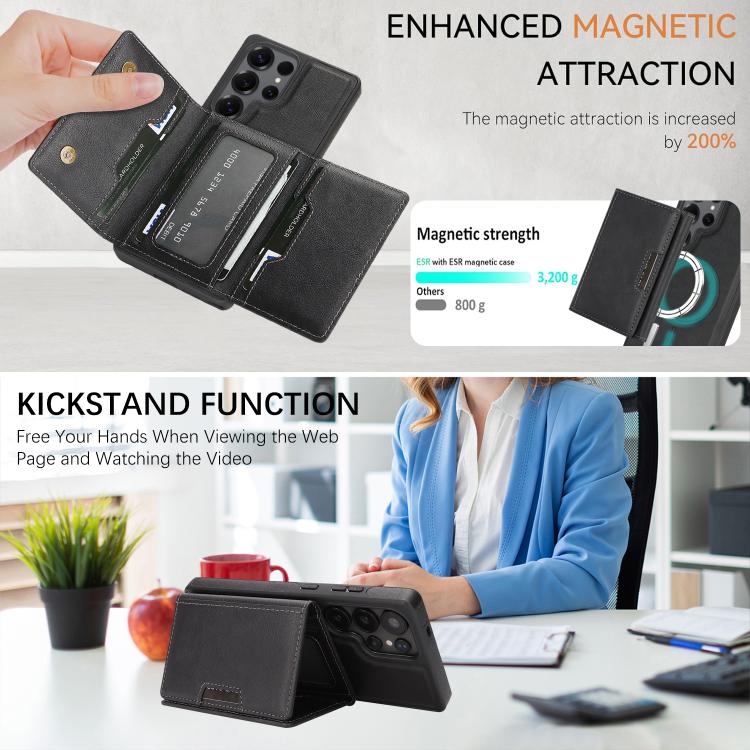 For Samsung Galaxy S24 Ultra 5G Kalebol Strong Magnetic MagSafe Tri-Fold Wallet Side Sticker Leather Phone Case