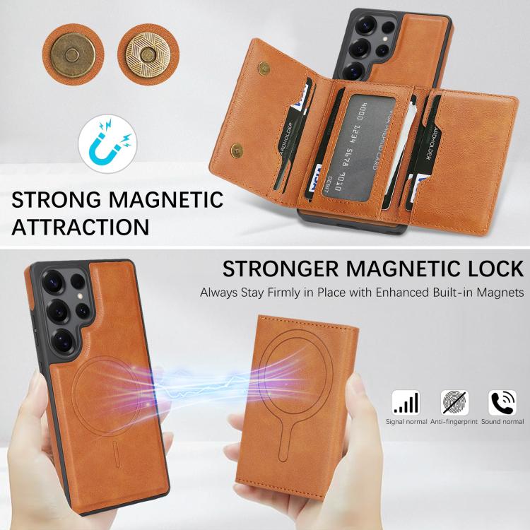 For Samsung Galaxy S24 Ultra 5G Kalebol Strong Magnetic MagSafe Tri-Fold Wallet Side Sticker Leather Phone Case