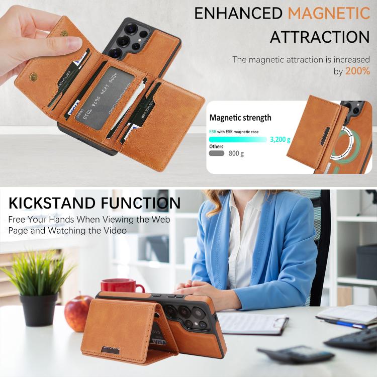 For Samsung Galaxy S24 Ultra 5G Kalebol Strong Magnetic MagSafe Tri-Fold Wallet Side Sticker Leather Phone Case