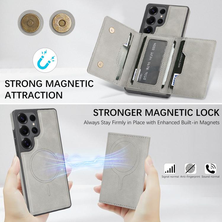 For Samsung Galaxy S24 Ultra 5G Kalebol Strong Magnetic MagSafe Tri-Fold Wallet Side Sticker Leather Phone Case