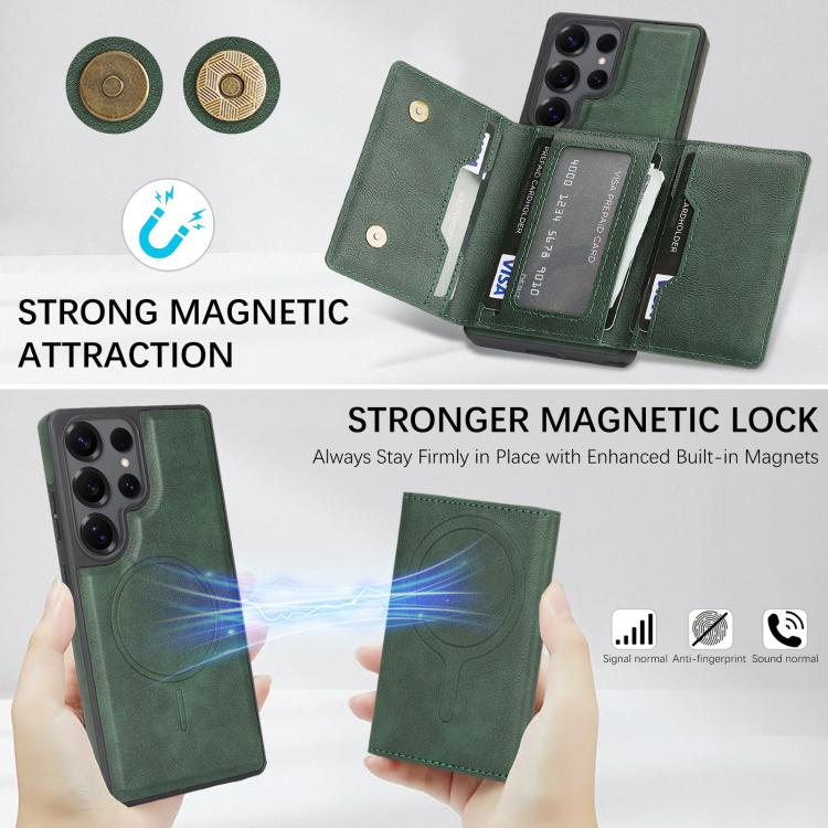 For Samsung Galaxy S24 Ultra 5G Kalebol Strong Magnetic MagSafe Tri-Fold Wallet Side Sticker Leather Phone Case