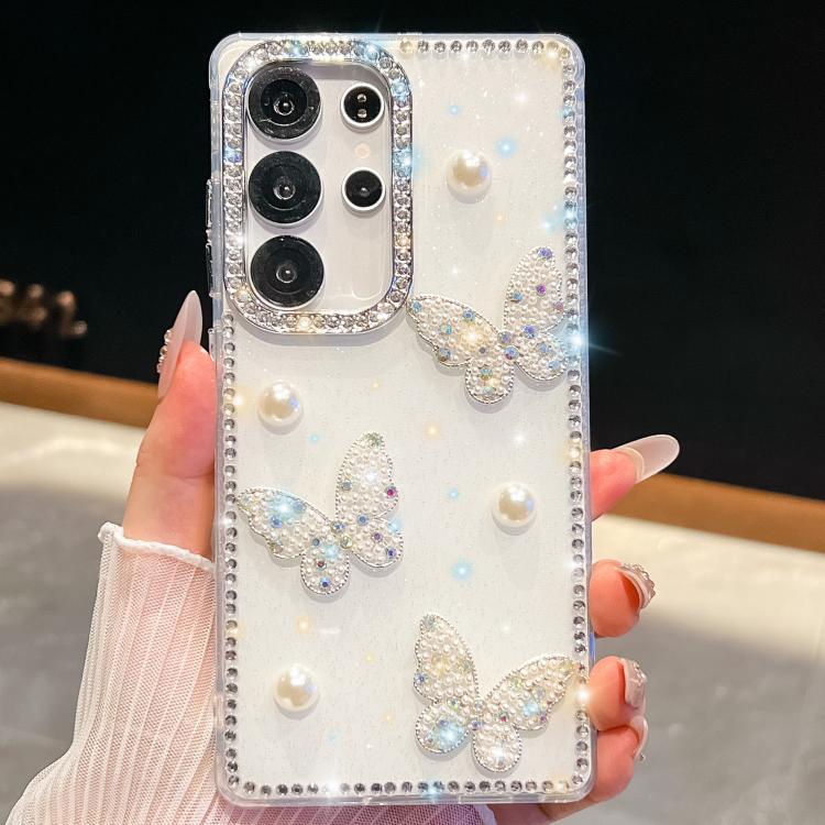 For Samsung Galaxy S25 Ultra 5G Diamond Glitter Pearl Butterfly Four-Corner Shockproof Phone Case