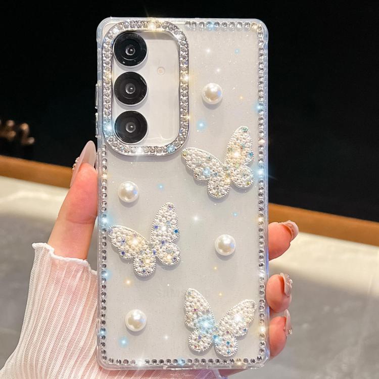 For Samsung Galaxy A55 5G Diamond Glitter Pearl Butterfly Four-Corner Shockproof Phone Case
