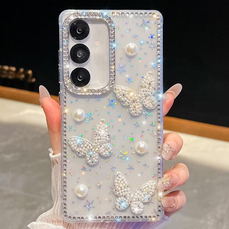 For Samsung Galaxy A35 5G Diamond Glitter Pearl Butterfly Four-Corner Shockproof Phone Case