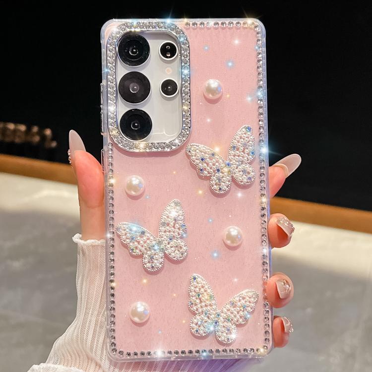 For Samsung Galaxy S23 Ultra 5G Diamond Glitter Pearl Butterfly Four-Corner Shockproof Phone Case