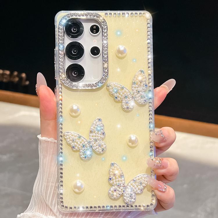 For Samsung Galaxy S23 Ultra 5G Diamond Glitter Pearl Butterfly Four-Corner Shockproof Phone Case