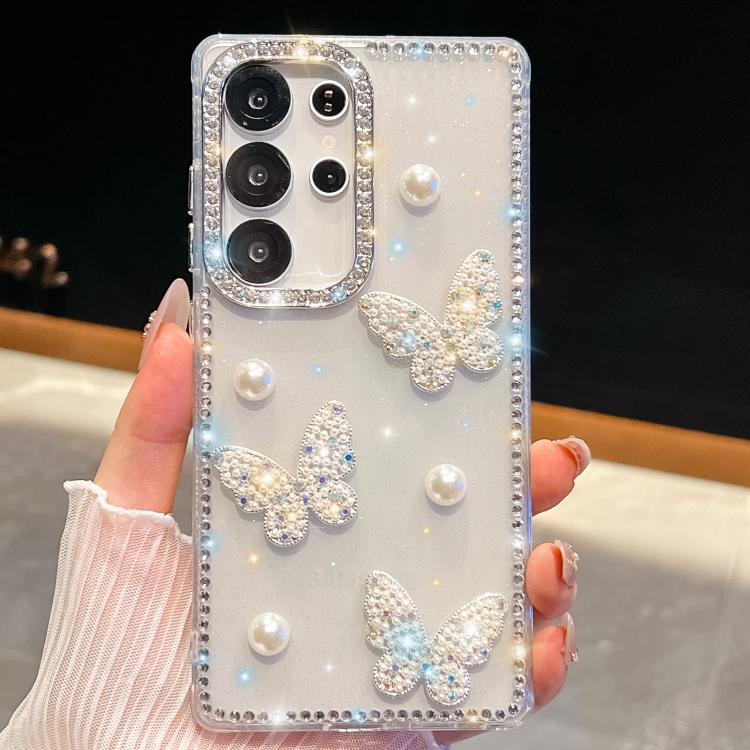 For Samsung Galaxy S23 Ultra 5G Diamond Glitter Pearl Butterfly Four-Corner Shockproof Phone Case