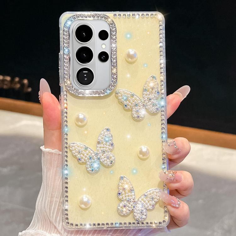For Samsung Galaxy S26 Ultra 5G Diamond Glitter Pearl Butterfly Four-Corner Shockproof Phone Case