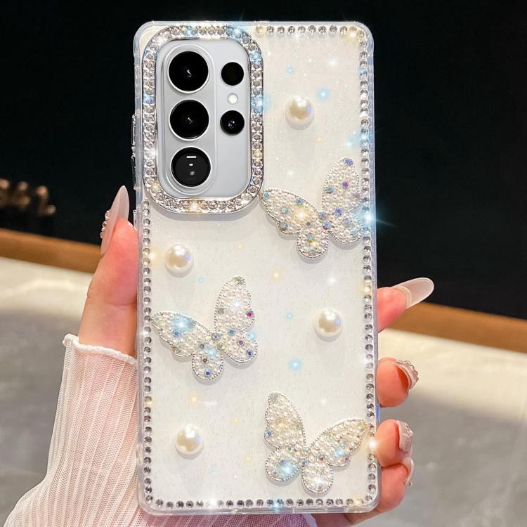 For Samsung Galaxy S26 Ultra 5G Diamond Glitter Pearl Butterfly Four-Corner Shockproof Phone Case