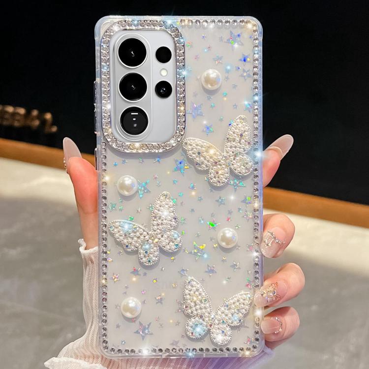 For Samsung Galaxy S26 Ultra 5G Diamond Glitter Pearl Butterfly Four-Corner Shockproof Phone Case