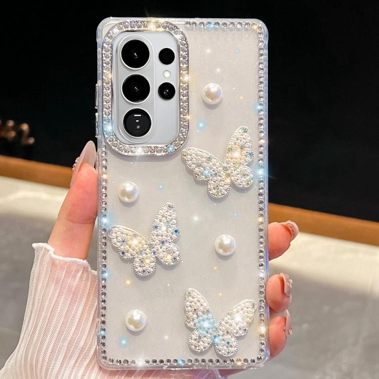 For Samsung Galaxy S26 Ultra 5G Diamond Glitter Pearl Butterfly Four-Corner Shockproof Phone Case