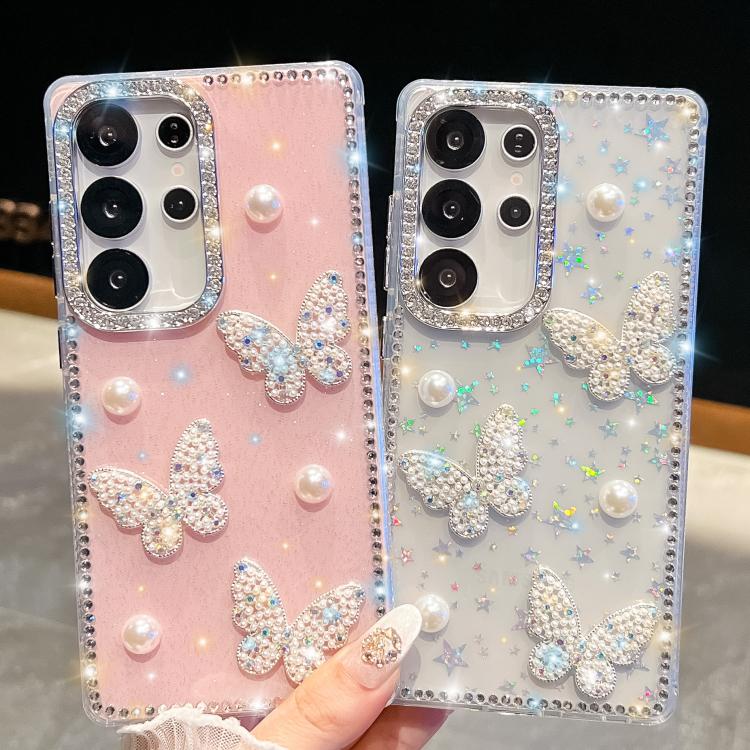 For Samsung Galaxy S25 Ultra 5G Diamond Glitter Pearl Butterfly Four-Corner Shockproof Phone Case
