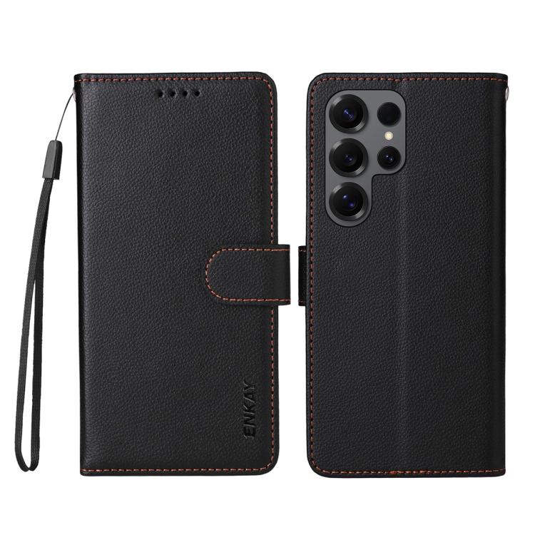 For Samsung Galaxy S25 Ultra 5G ENKAY RFID Blocking Wallet Kickstand Litchi Texture Leather Phone Case