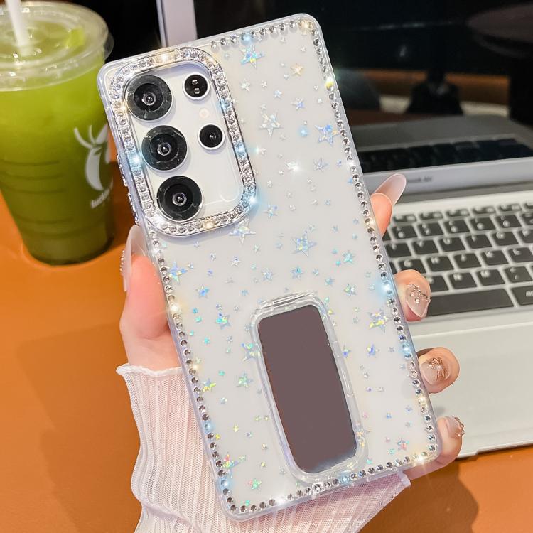 For Samsung Galaxy S23 Ultra 5G Rhinestone Glitter TPU 4-corners Anti-fall Phone Case with Holder