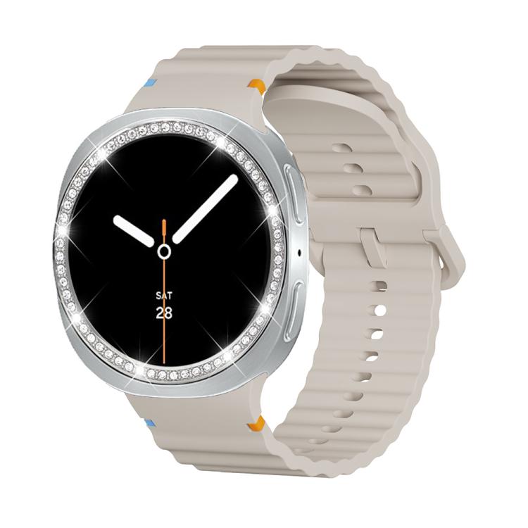 For Samsung Galaxy Watch8 44mm Diamond Bezel and Wavy Grain Stitched Color Buckle Silicone Watch Band