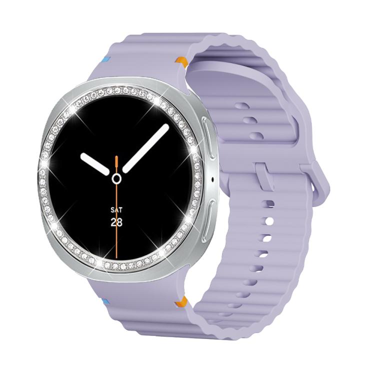 For Samsung Galaxy Watch8 44mm Diamond Bezel and Wavy Grain Stitched Color Buckle Silicone Watch Band