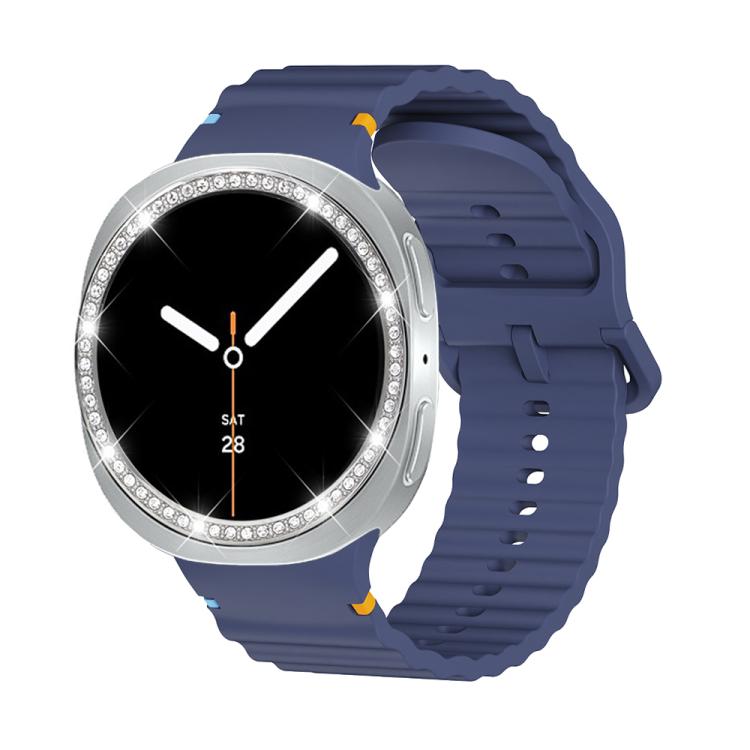 For Samsung Galaxy Watch8 44mm Diamond Bezel and Wavy Grain Stitched Color Buckle Silicone Watch Band