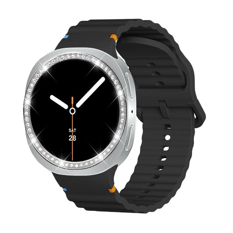 For Samsung Galaxy Watch8 44mm Diamond Bezel and Wavy Grain Stitched Color Buckle Silicone Watch Band