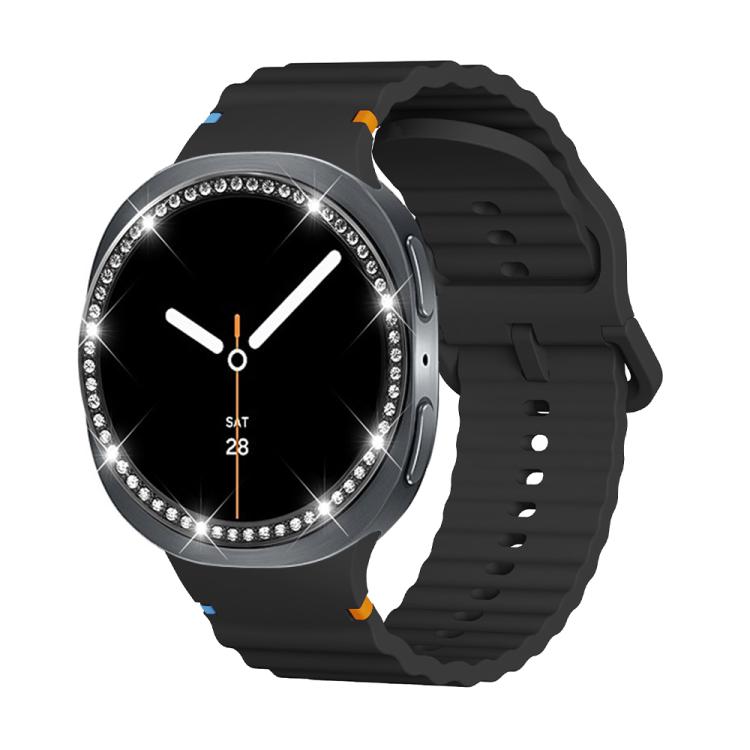For Samsung Galaxy Watch8 44mm Diamond Bezel and Wavy Grain Stitched Color Buckle Silicone Watch Band