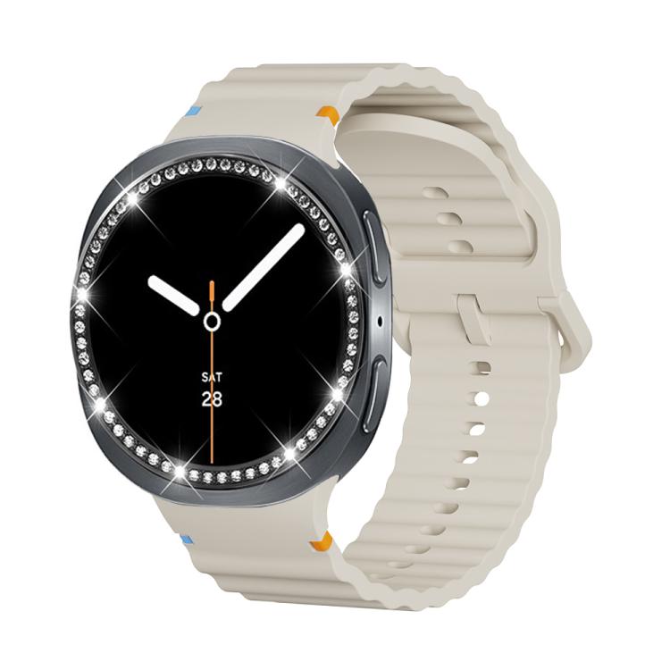 For Samsung Galaxy Watch8 44mm Diamond Bezel and Wavy Grain Stitched Color Buckle Silicone Watch Band