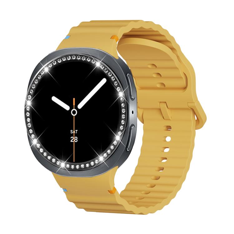 For Samsung Galaxy Watch8 44mm Diamond Bezel and Wavy Grain Stitched Color Buckle Silicone Watch Band